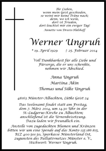 Anzeige von Werner Ungruh von Westfälische Nachrichten