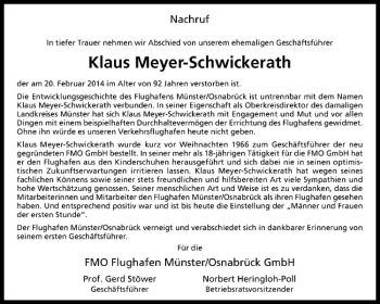 Anzeige von Klaus Meyer-Schwickerath von Westfälische Nachrichten