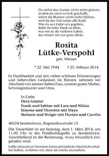 Anzeige von Rosita Lütke-Verspohl von Westfälische Nachrichten