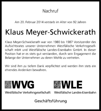 Anzeige von Klaus Meyer-Schwickerath von Westfälische Nachrichten