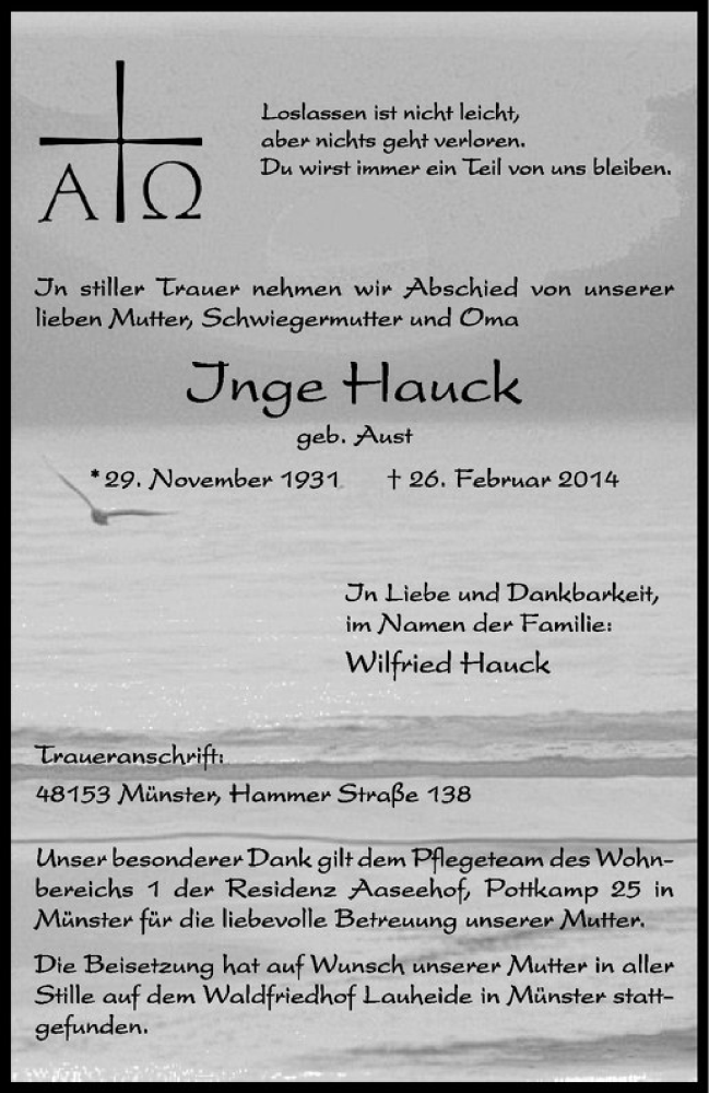  Traueranzeige für Inge Hauck vom 08.03.2014 aus Westfälische Nachrichten