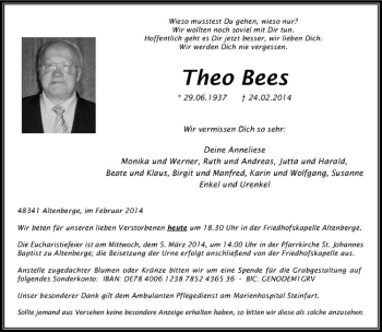 Anzeige von Theo Bees von Westfälische Nachrichten
