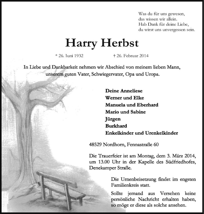  Traueranzeige für Harry Herbst vom 28.02.2014 aus Westfälische Nachrichten