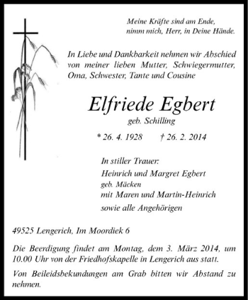 Anzeige von Elfriede Egbert von Westfälische Nachrichten