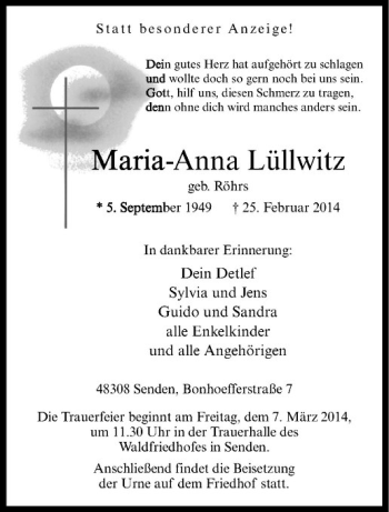 Anzeige von Maria-Anna Lüllwitz von Westfälische Nachrichten
