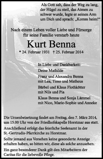 Anzeige von Kurt Benna von Westfälische Nachrichten