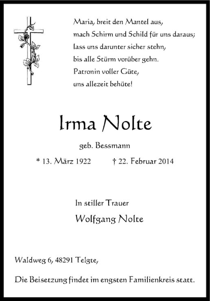  Traueranzeige für Irma Nolte vom 01.03.2014 aus Westfälische Nachrichten