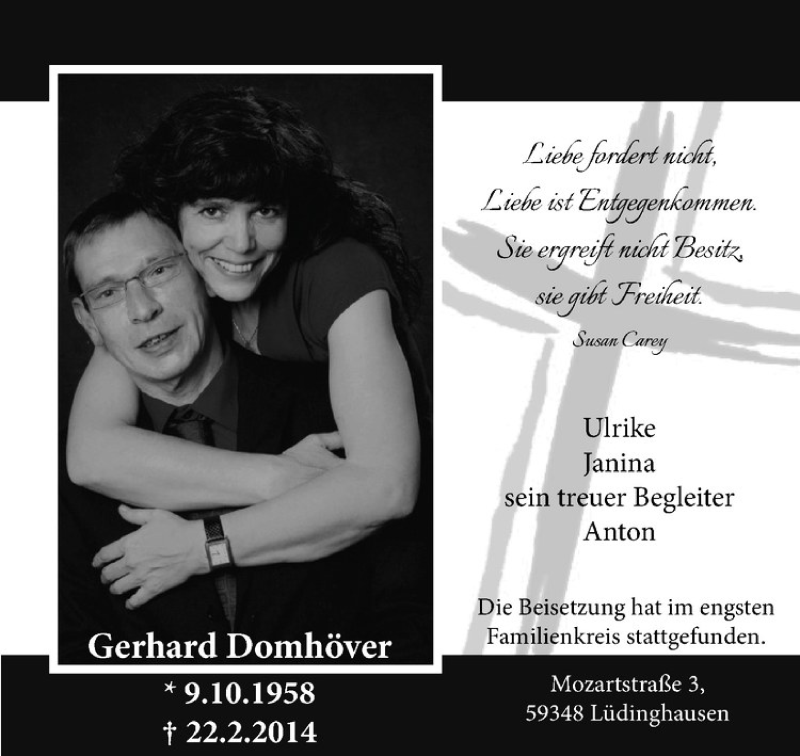  Traueranzeige für Gerhard Domhöver vom 01.03.2014 aus Westfälische Nachrichten