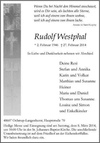 Anzeige von Rudolf Westphal von Westfälische Nachrichten