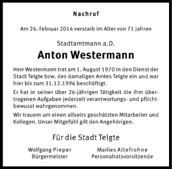 Anzeige von Anton Westermann von Westfälische Nachrichten