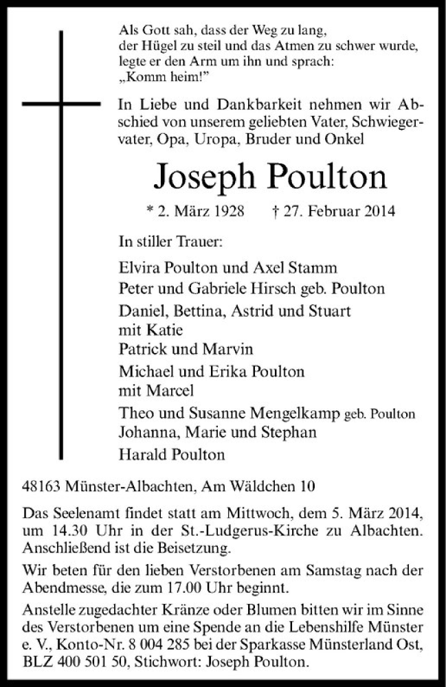 Traueranzeige für Joseph Poulton vom 01.03.2014 aus Westfälische Nachrichten