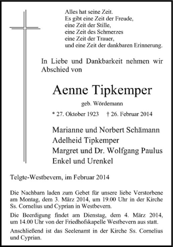 Anzeige von Aenne Tipkemper von Westfälische Nachrichten