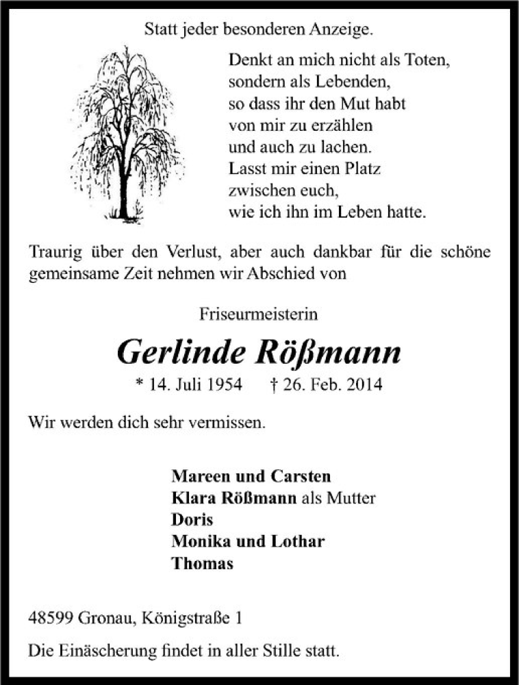  Traueranzeige für Gerlinde Rößmann vom 01.03.2014 aus Westfälische Nachrichten
