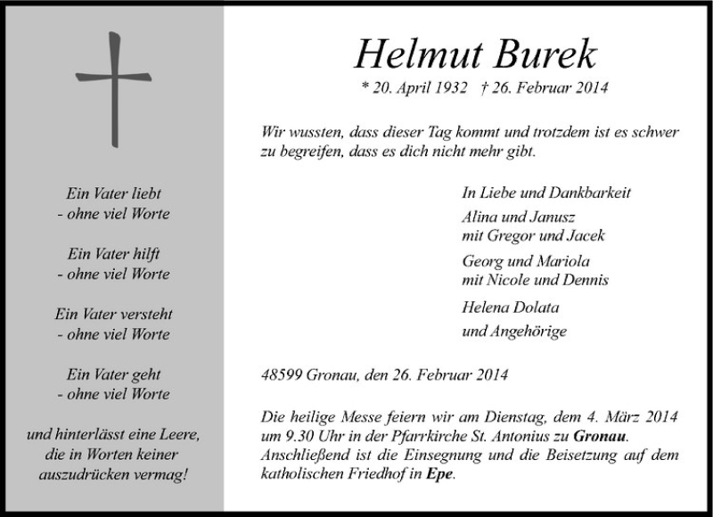  Traueranzeige für Helmut Burek vom 01.03.2014 aus Westfälische Nachrichten