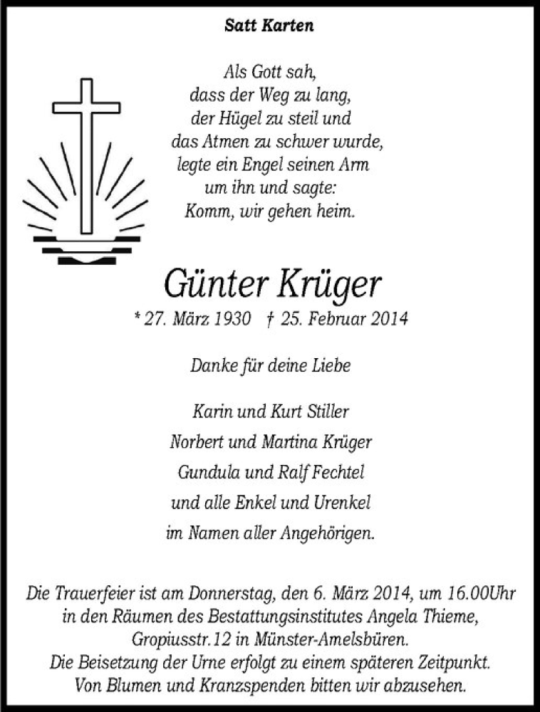  Traueranzeige für Günter Krüger vom 01.03.2014 aus Westfälische Nachrichten