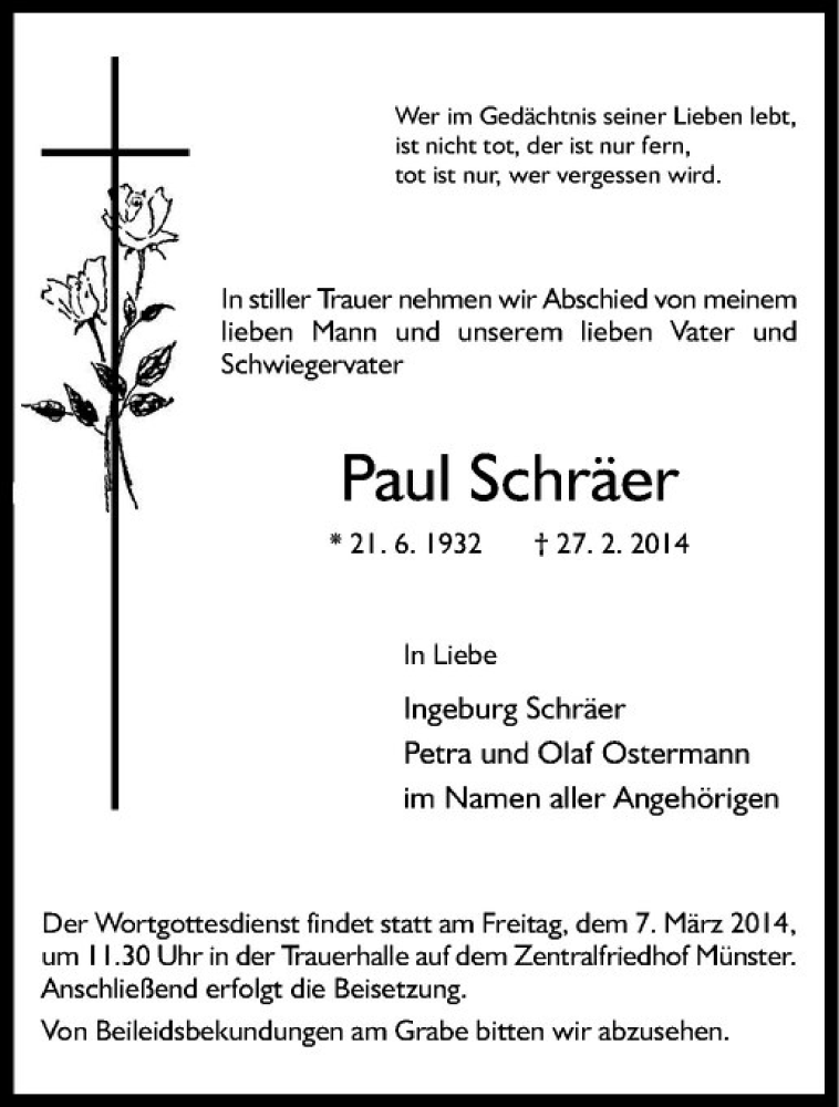  Traueranzeige für Paul Schräer vom 04.03.2014 aus Westfälische Nachrichten