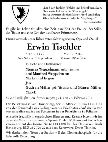 Anzeige von Erwin Tischler von Westfälische Nachrichten