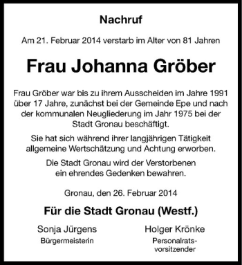Anzeige von Johanna Gröber von Westfälische Nachrichten