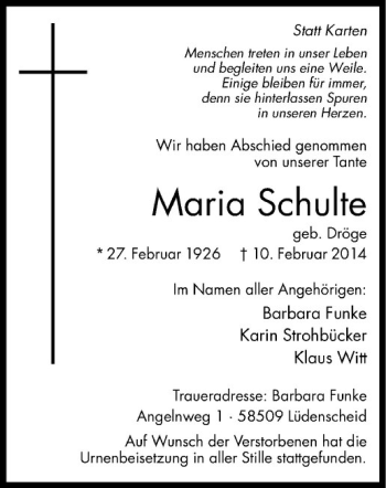 Anzeige von Maria Schulte von Westfälische Nachrichten