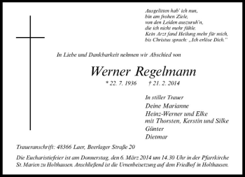 Anzeige von Werner Regelmann von Westfälische Nachrichten