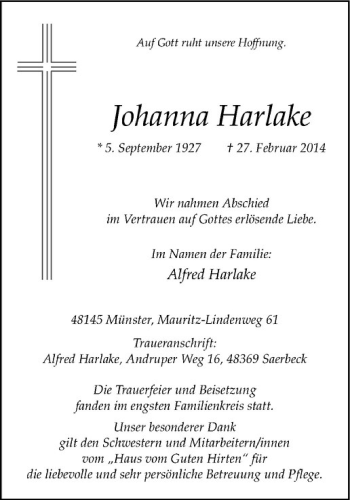 Anzeige von Johanna Harlake von Westfälische Nachrichten