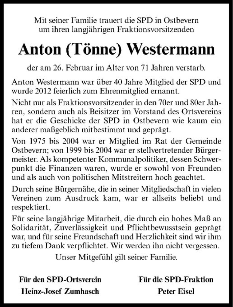  Traueranzeige für Anton Westermann vom 04.03.2014 aus Westfälische Nachrichten