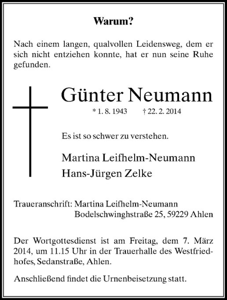  Traueranzeige für Günter Neumann vom 05.03.2014 aus Westfälische Nachrichten