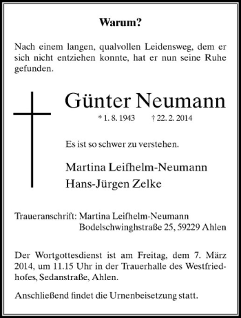 Anzeige von Günter Neumann von Westfälische Nachrichten