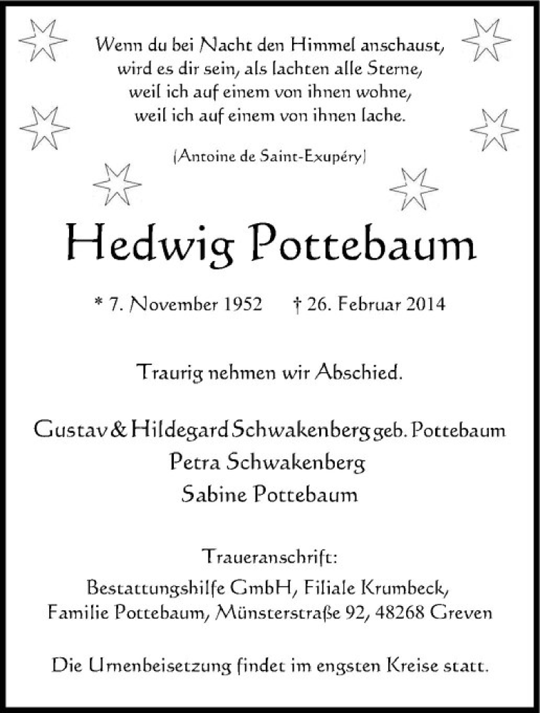  Traueranzeige für Hedwig Pottebaum vom 08.03.2014 aus Westfälische Nachrichten