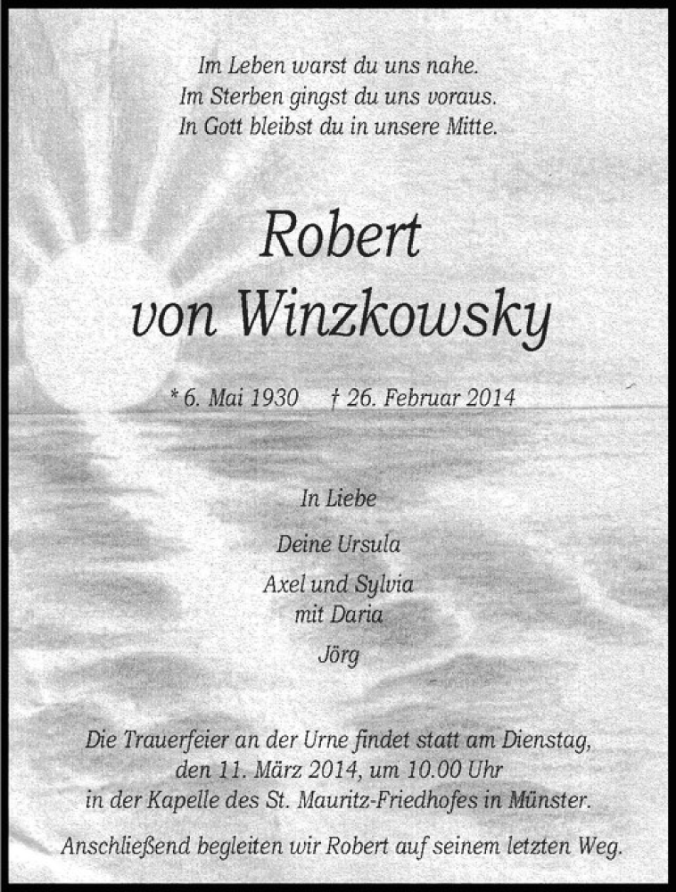  Traueranzeige für Robert von Winzkowsky vom 05.03.2014 aus Westfälische Nachrichten
