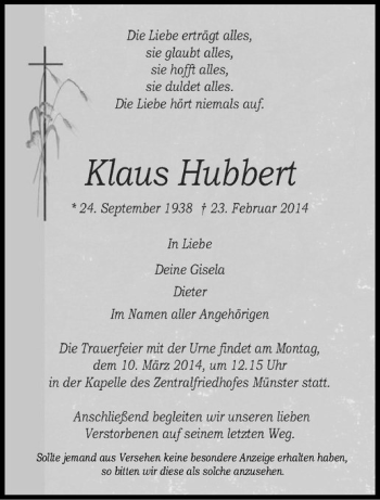 Anzeige von Klaus Hubbert von Westfälische Nachrichten