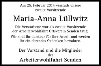 Anzeige von Maria-Anna Lüllwitz von Westfälische Nachrichten