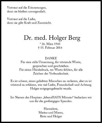 Anzeige von Holger Berg von Westfälische Nachrichten