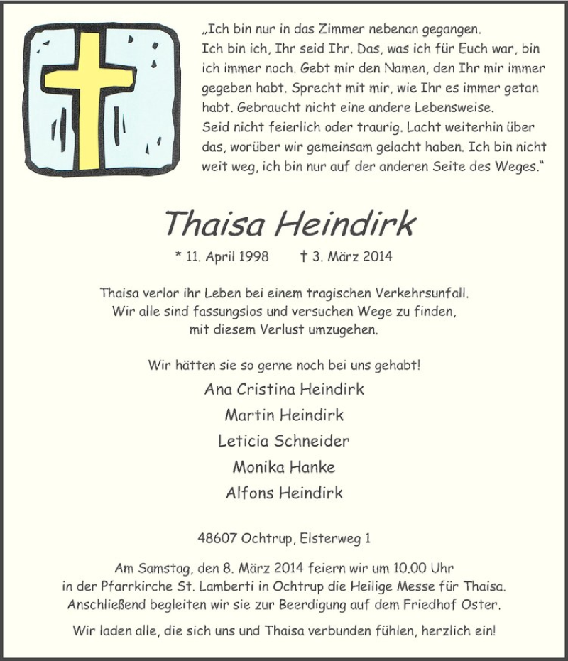  Traueranzeige für Thaisa Heindirk vom 06.03.2014 aus Westfälische Nachrichten