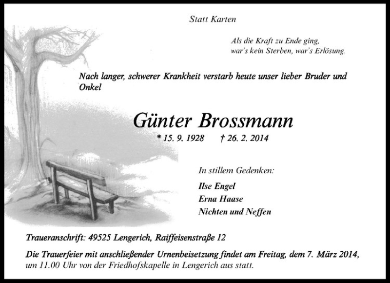  Traueranzeige für Günter Brossmann vom 06.03.2014 aus Westfälische Nachrichten