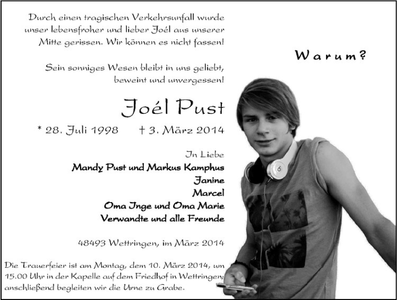  Traueranzeige für Joél Pust vom 07.03.2014 aus Westfälische Nachrichten