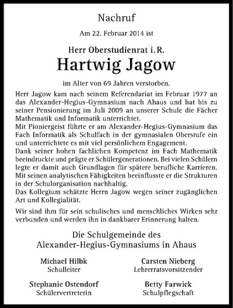  Traueranzeige für Hartwig Jagow vom 08.03.2014 aus Westfälische Nachrichten