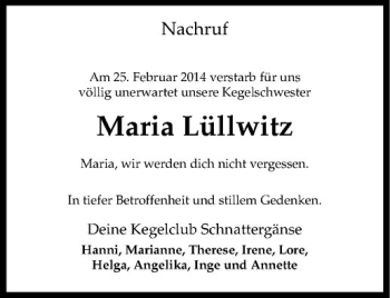 Anzeige von Maria Lüllwitz von Westfälische Nachrichten