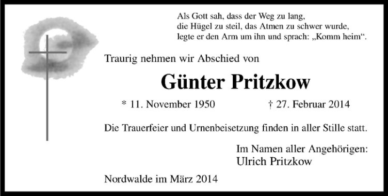  Traueranzeige für Günter Pritzkow vom 08.03.2014 aus Westfälische Nachrichten