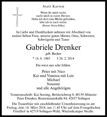 Anzeige von Gabriele Drenker von Westfälische Nachrichten
