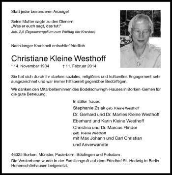 Anzeige von Christiane Kleine Westhoff von Westfälische Nachrichten