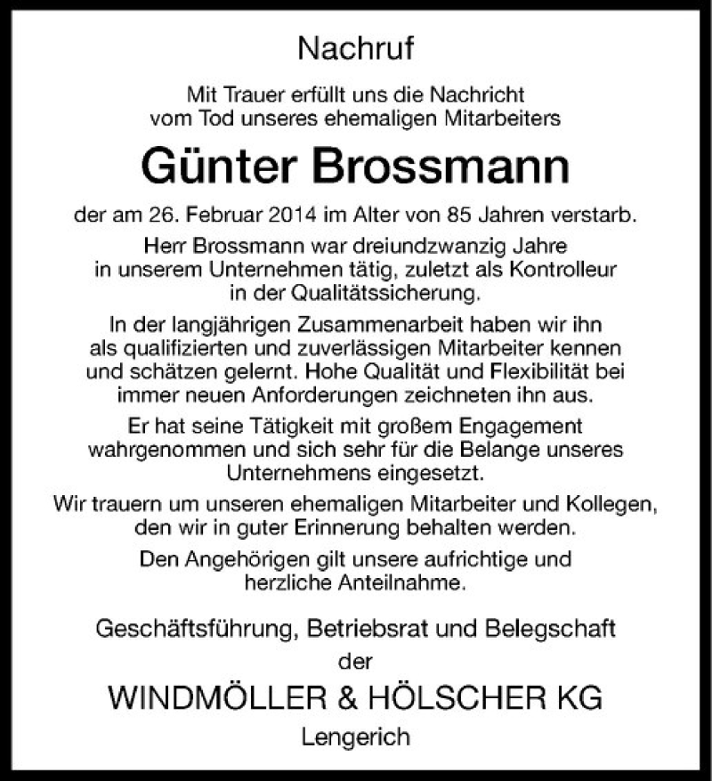  Traueranzeige für Günter Brossmann vom 07.03.2014 aus Westfälische Nachrichten