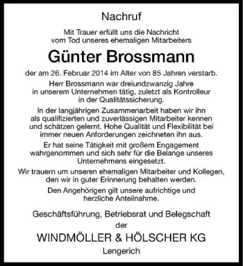 Anzeige von Günter Brossmann von Westfälische Nachrichten