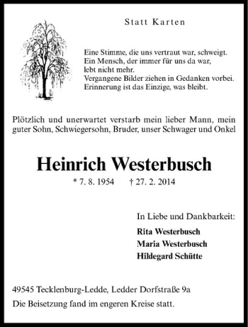 Anzeige von Heinrich Westerbusch von Westfälische Nachrichten