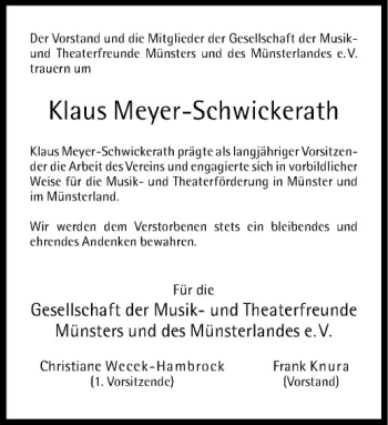 Anzeige von Klaus Meyer-Schwickerath von Westfälische Nachrichten