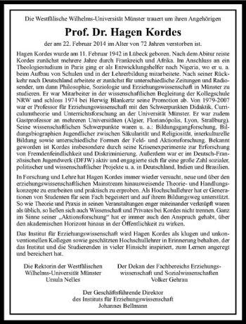 Anzeige von Hagen Kordes von Westfälische Nachrichten