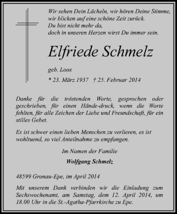 Anzeige von Elfriede Schmelz von Westfälische Nachrichten