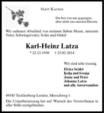 Anzeige von Karl-Heinz Latza von Westfälische Nachrichten