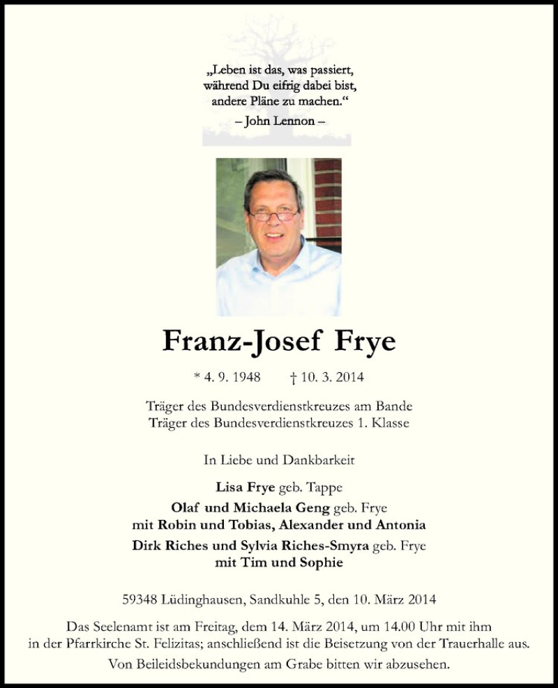  Traueranzeige für Franz-Josef Frye vom 12.03.2014 aus Westfälische Nachrichten