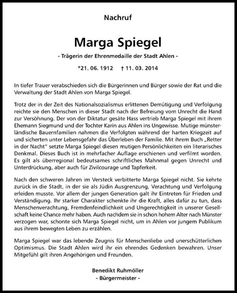  Traueranzeige für Marga Spiegel vom 15.03.2014 aus Westfälische Nachrichten